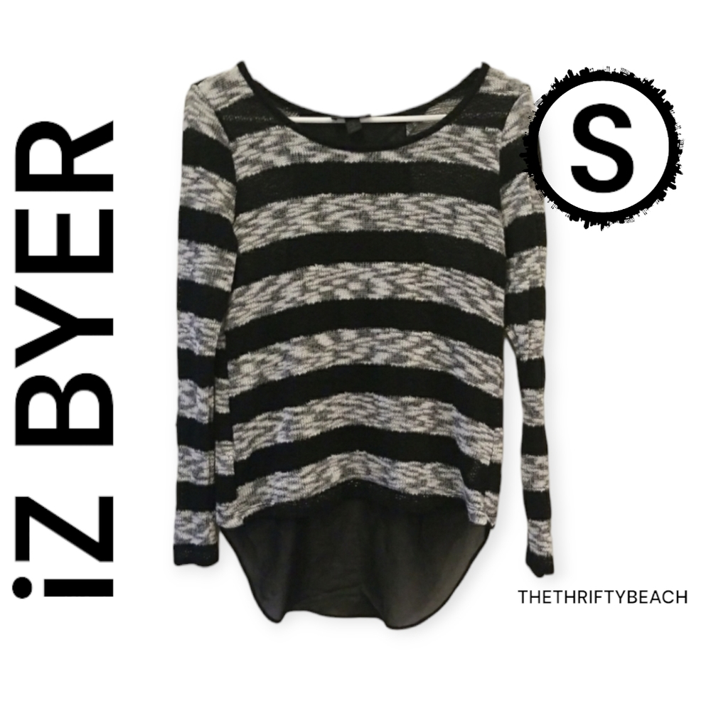 IZ Byer Black & White Striped High-Low Knit Sweater Sheer Back S